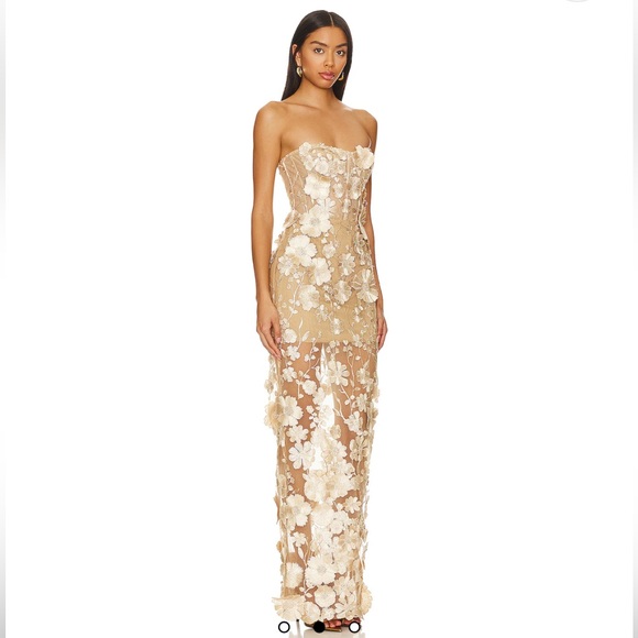 Bronx and Banco Strapless Floral Dress in Cream and Tan - Picture 2 of 5